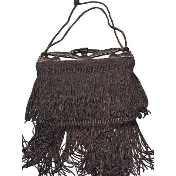 Vintage Black Beaded Fringe Handbag Purse With Cord Handle & Decorative Plastic - Picture 1 of 7
